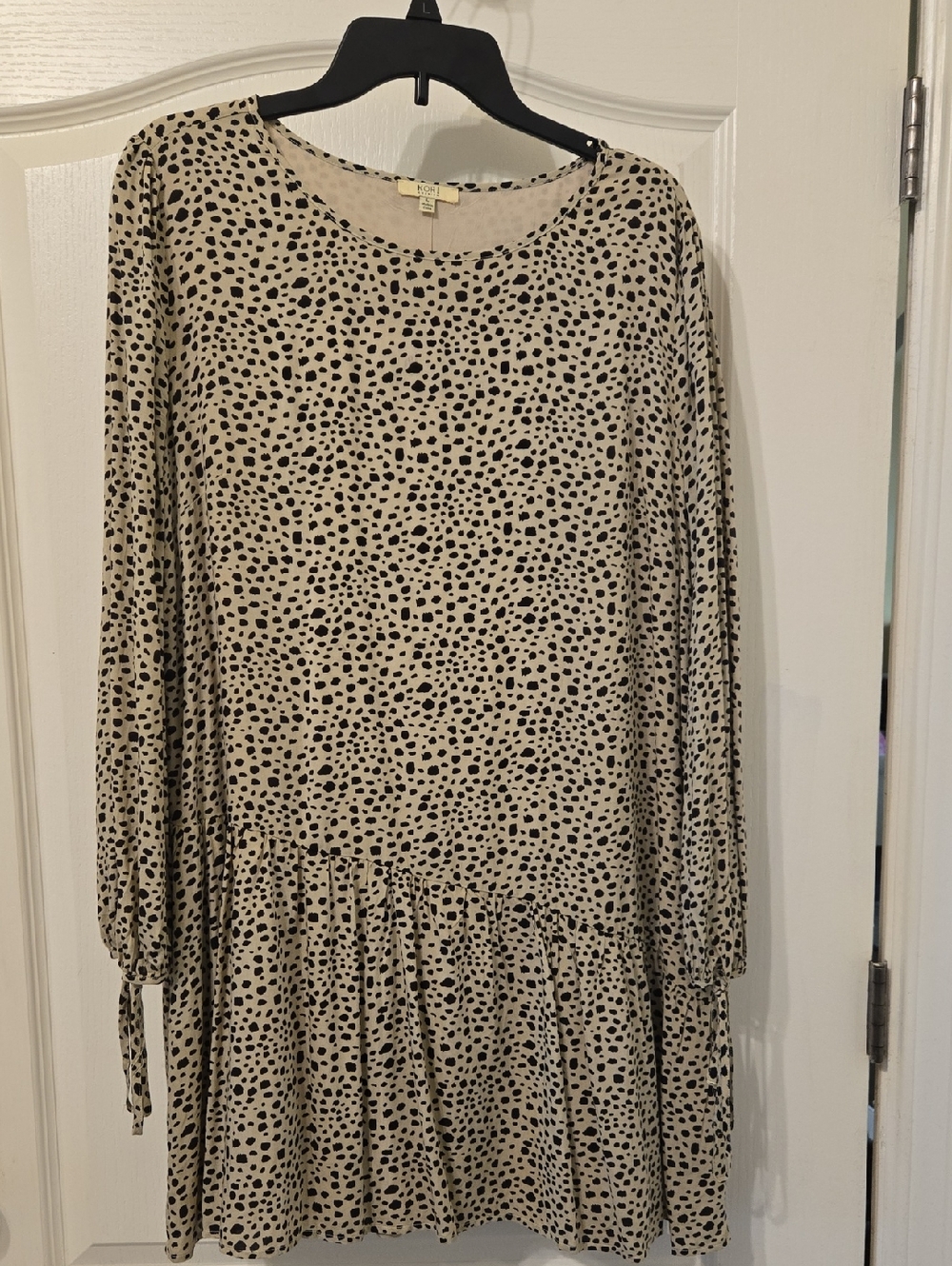 Kori Beige Tiered Long Sleeve Mini Dress with Black Spot Print Size L